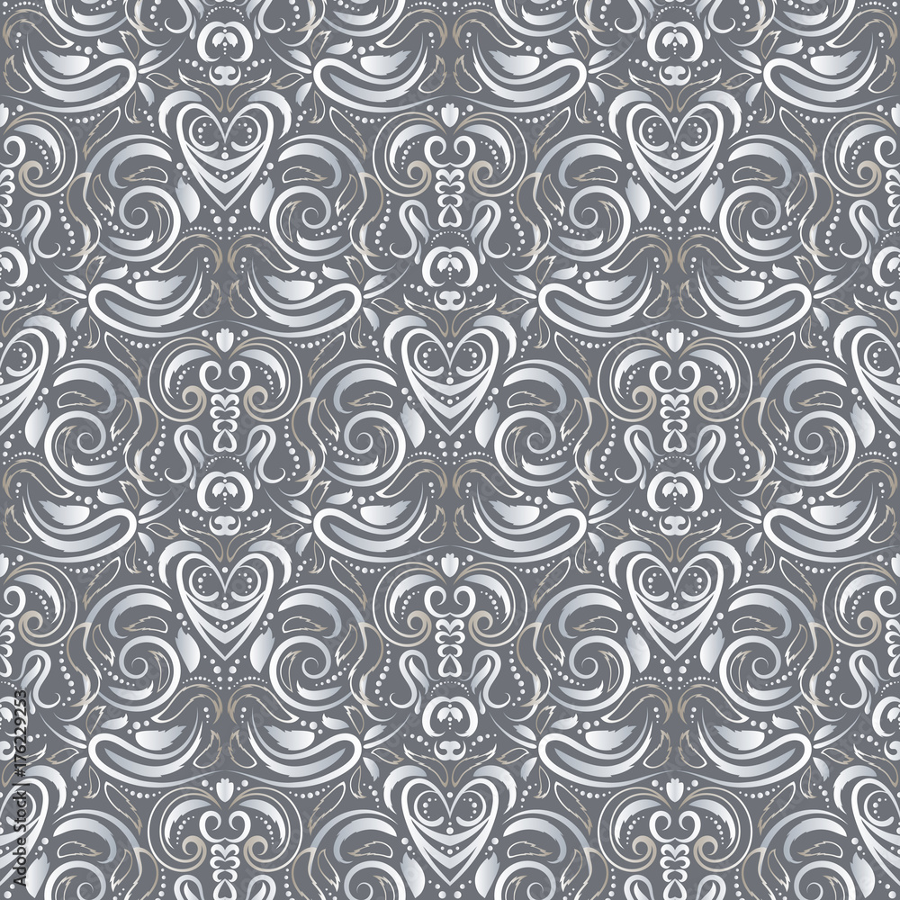 Symmetric seamless pattern. Decorative background in Baroque style. The rich decor of the shapes and lines for design of cloth or paper. Vector illustration.