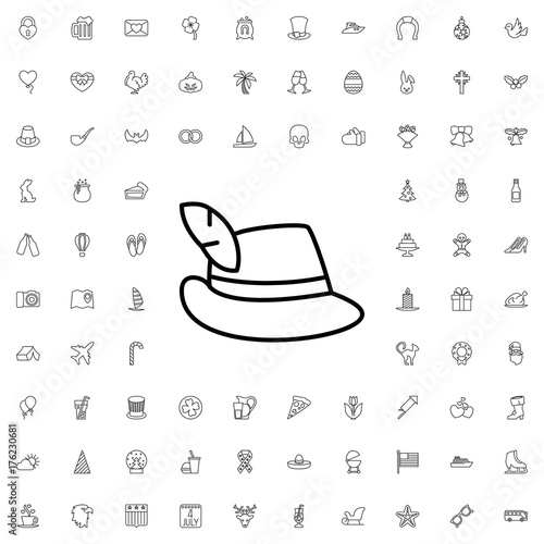 Hat with feather icon. set of outline holiday icons.