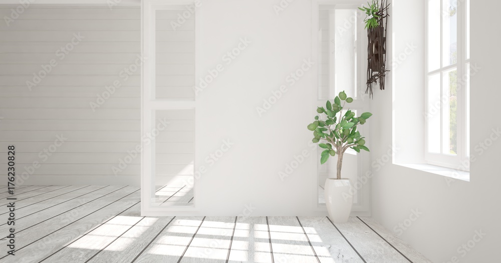 Fototapeta premium White empty room with flower. Scandinavian interior design. 3D illustration