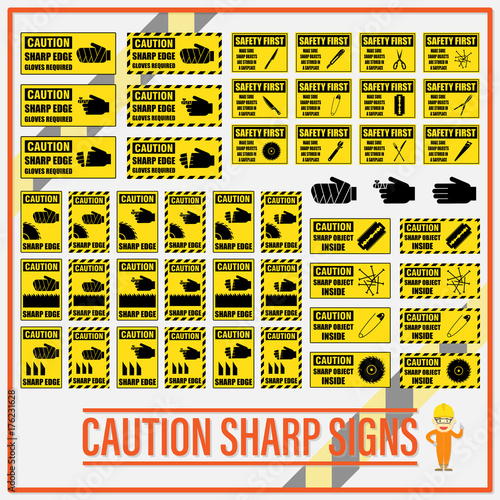 Fototapete Set of safety caution sharp signs, Safety caution sharp labels for determining any object which has sharp edge or corner