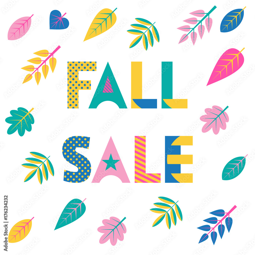 FALL SALE. Trendy geometric font in memphis style of 80s-90s. Vector background with colorful autumn leaves isolated on a white background