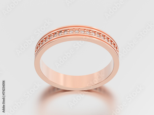 3D illustration rose gold engagement wedding band diamond ring with reflection and shadow