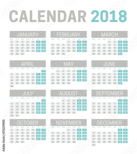 Simple 2018 calendar template on white background. Week starts on Monday
