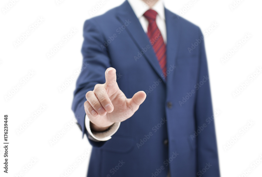 Businessman pointing or touching something isolated on white background Businessman pointing or touching something isolated on white background