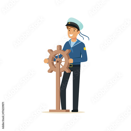 Sailor man character in blue uniform gripping wooden ship wheel vector Illustration