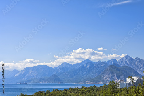 Panoramic view on Antalya mountains and Mediterranean Sea from the Beach park. Antalya, Turkey