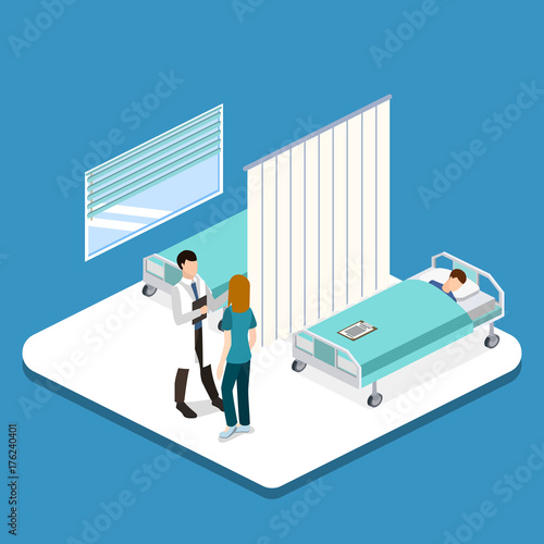 Isometric 3D vector illustration interior of hospital room with patient, doctor and nurse