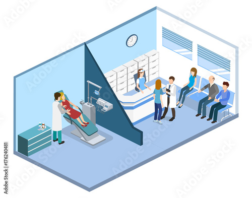 Isometric 3D vector illustration people are enrolled to see a dentist.