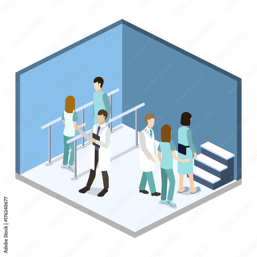 Isometric 3D vector illustration physical rehabilitation after fracture Isometric 3D vector illustration physical rehabilitation after fracture