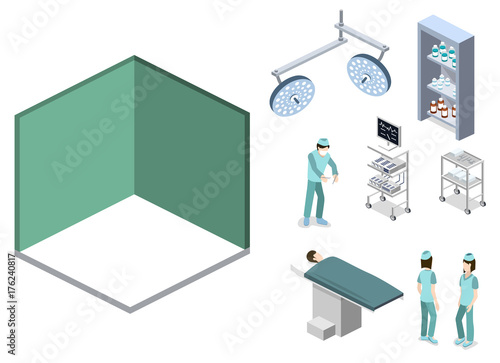 Isometric 3D vector illustration collection of surgical room items and doctors.