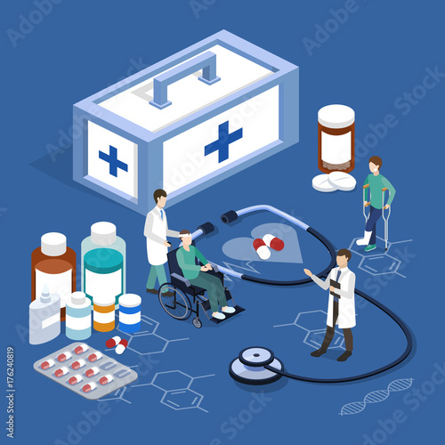 Isometric 3D vector illustration doctors take care of their patients.