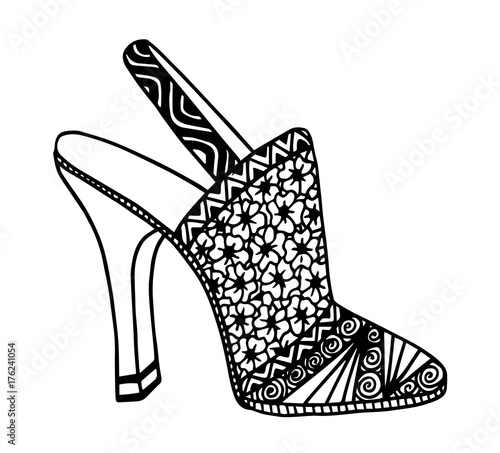 Hand drawn outline ornamental high heel shoe illustration