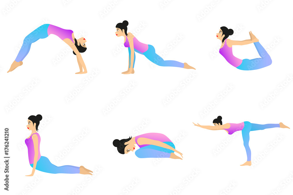 Female Yoga. Woman is doing yoga positions. Vector set of different yoga exercises.