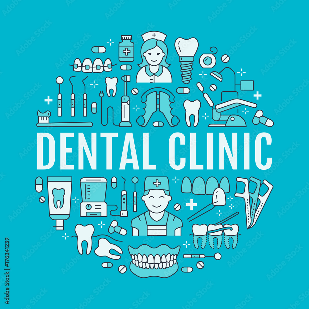 Fototapeta premium Dentist, orthodontics medical banner with vector line icon of dental care equipment, braces, tooth prosthesis, veneers, floss, caries treatment. Health care thin linear poster for dentistry clinic.
