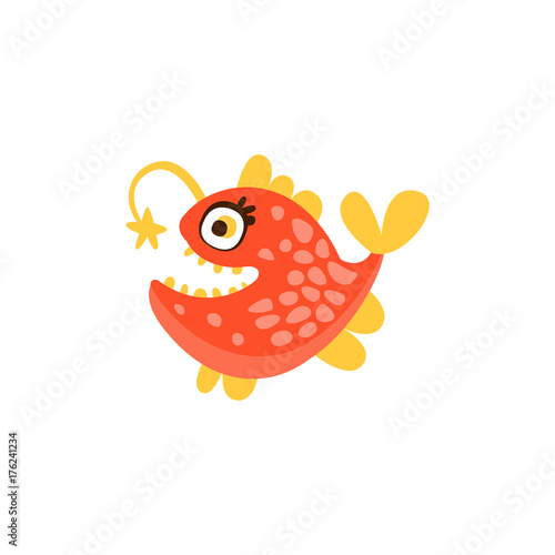 Angler fish, funny sea creature hand drawn vector Illustration