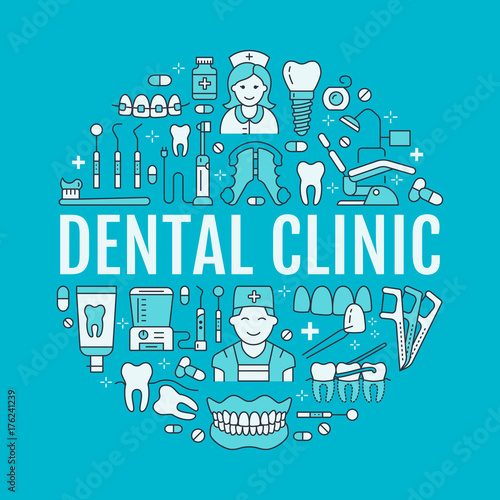 Dentist  orthodontics medical banner with vector line icon of dental care equipment  braces  tooth prosthesis  veneers  floss  caries treatment. Health care thin linear poster for dentistry clinic.