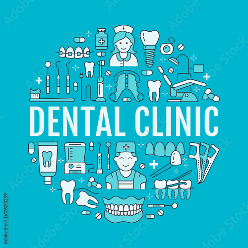 Dentist, orthodontics medical banner with vector line icon of dental care equipment, braces, tooth prosthesis, veneers, floss, caries treatment. Health care thin linear poster for dentistry clinic.