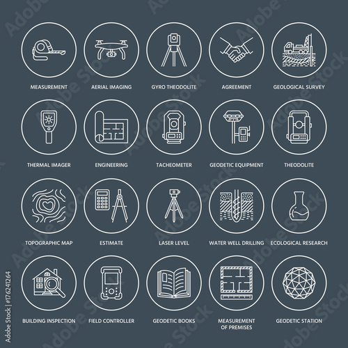 Geodetic survey engineering vector flat line icons. Geodesy equipment, tacheometer, theodolite, tripod. Geological research, building measurement inspection illustration. Construction service signs.