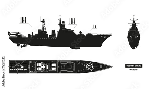Detailed silhouette of military ship. Top, front and side view. Battleship model. Industrial drawing. Warship in flat style