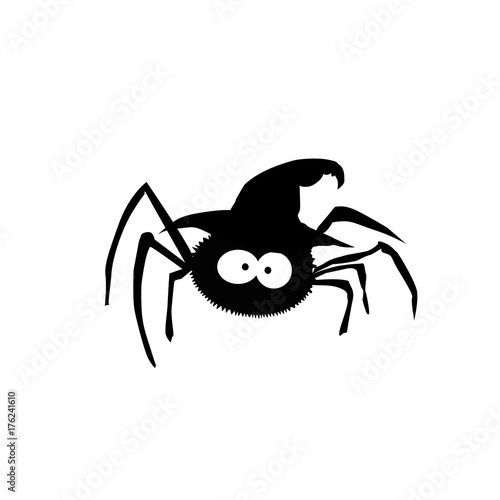 Black silhouette of spider in witch hat isolated on white background. Vector illustration, clip art, icon.