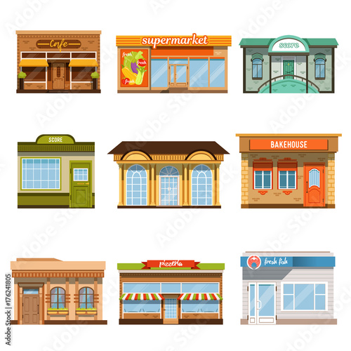 Store shop front window buildings icon set flat isolated