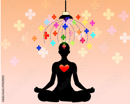 Young woman meditating in lotus pose for peace of heart and mind. Healthy lifestyle and mindful meditation concept illustration vector.