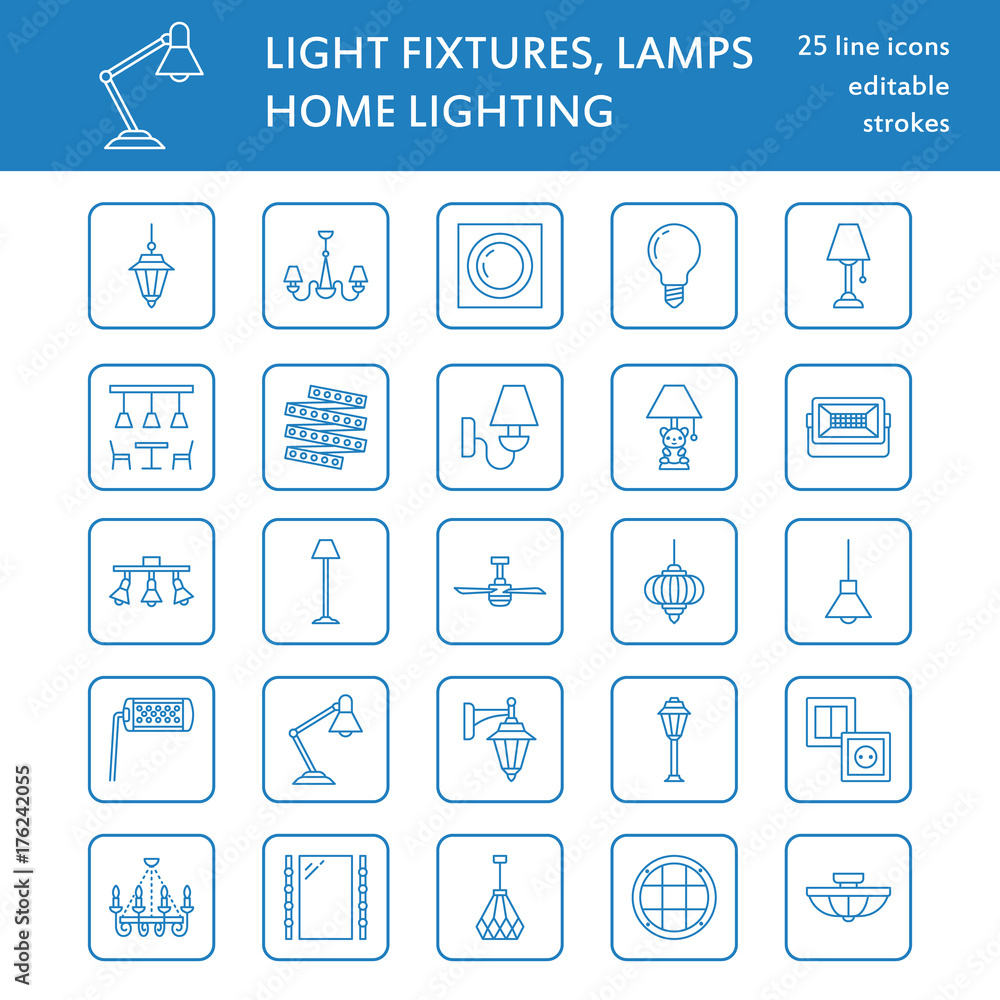 Light fixture, lamps flat line icons. Home and outdoor lighting equipment - chandelier, wall sconce, desk lamp, light bulb, power socket. Vector illustration, signs for electric, interior store. Light fixture, lamps flat line icons. Home and outdoor lighting equipment - chandelier, wall sconce, desk lamp, light bulb, power socket. Vector illustration, signs for electric, interior store.