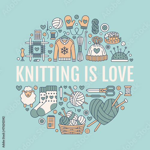 Knitting, crochet, hand made banner illustration. Vector line icon knitting needle, hook, scarf, socks, pattern, wool skeins and other DIY equipment. Yarn or tailor store template with place for text.