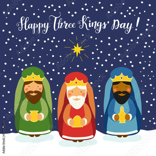 Cute Three Kings' Day card with hand drawn characters