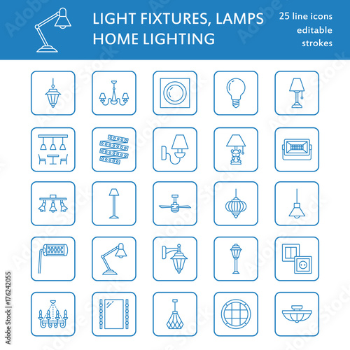 Light fixture, lamps flat line icons. Home and outdoor lighting equipment - chandelier, wall sconce, desk lamp, light bulb, power socket. Vector illustration, signs for electric, interior store.