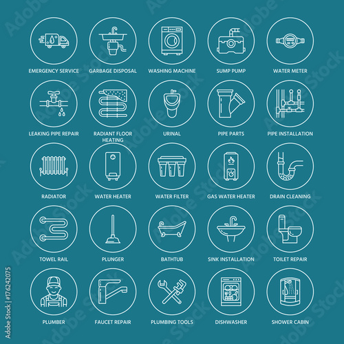 Plumbing service vector flat line icons. House bathroom equipment, faucet, toilet, pipeline, washing machine, dishwasher. Plumber repair illustration, thin linear signs for handyman services.
