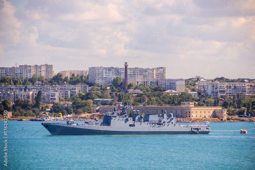 Military navy ships in a sea bay view russia sevastopol crimea