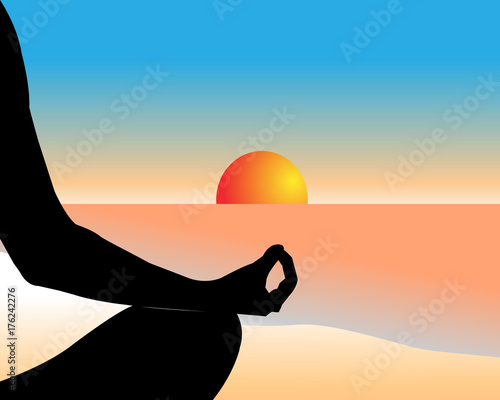 Hand of a person meditating in a yoga pose on the beach on the sunset. Healthy lifestyle and mindful meditation concept illustration vector.