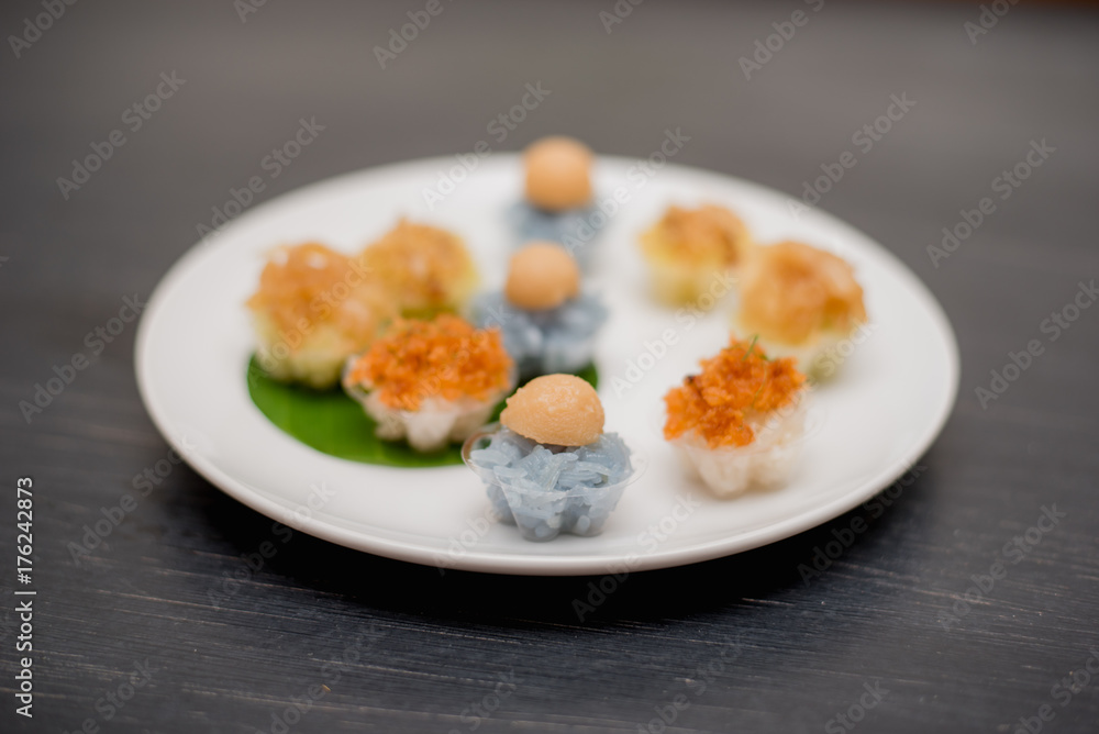 ancient Thai Dessert, Thai sweet dessert and ingredient in bowl on black background, appetizer, Thai Dessert, Thai food ancient Thai Dessert, Thai sweet dessert and ingredient in bowl on black background, appetizer, Thai Dessert, Thai food