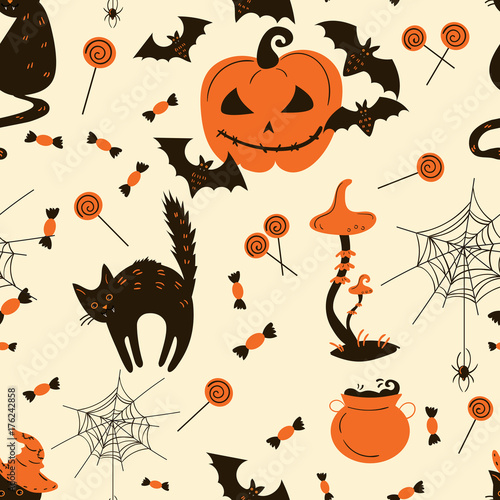 Seamless pattern of Halloween cats and pumpkins
