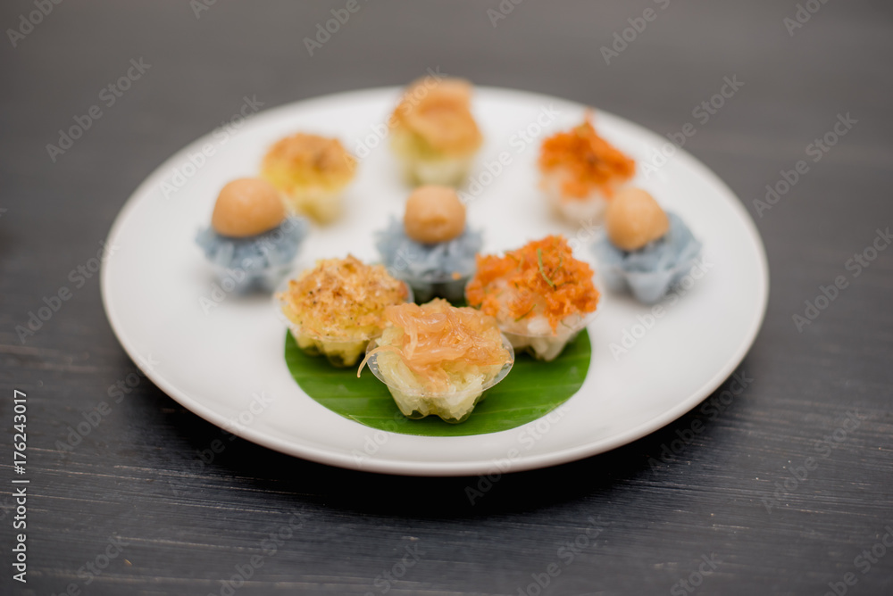 ancient Thai Dessert, Thai sweet dessert and ingredient in bowl on black background, appetizer, Thai Dessert, Thai food ancient Thai Dessert, Thai sweet dessert and ingredient in bowl on black background, appetizer, Thai Dessert, Thai food