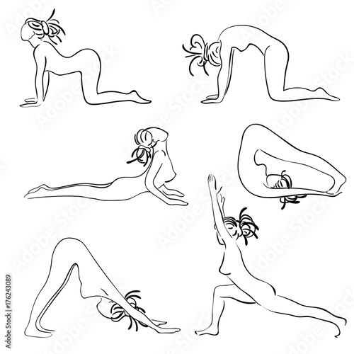 Set with beautiful woman in various poses of yoga