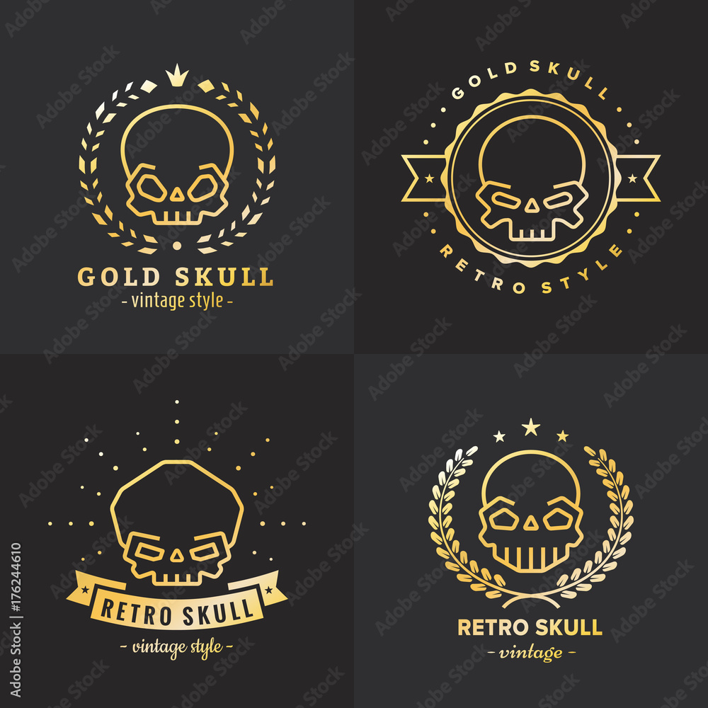 Skulls outline gold logo vector set. Part three.