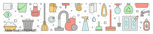 Cleaning outline vector horizontal multicolored illustration.