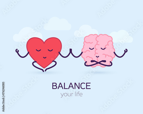 Cute brain and heart meditation. Logic and feel, cartoon characters. Balance your life vector illustration.