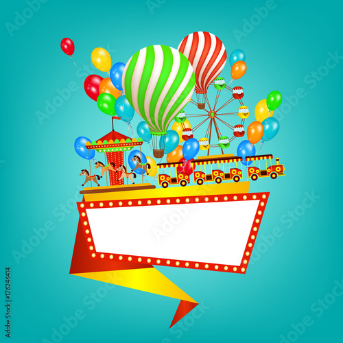 Flat style amusement park banner, poster template with ride, entertainment elements and space for text, vector illustration isolated on background. Flat amusement park banner, poster design