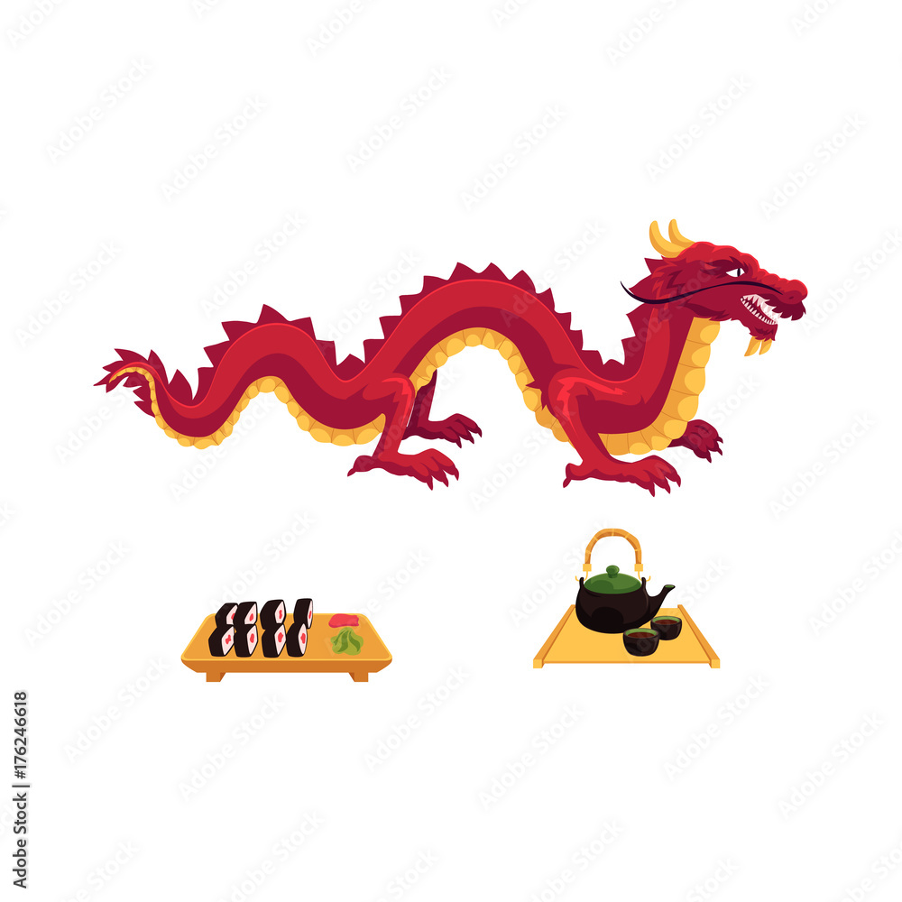 vector flat asian japan, china oriental symbols concept set. Red dragon without wings, sushi with ginger, wasabi and kettle with caps for tea ceremony. Isolated illustration on a white background. vector flat asian japan, china oriental symbols concept set. Red dragon without wings, sushi with ginger, wasabi and kettle with caps for tea ceremony. Isolated illustration on a white background.