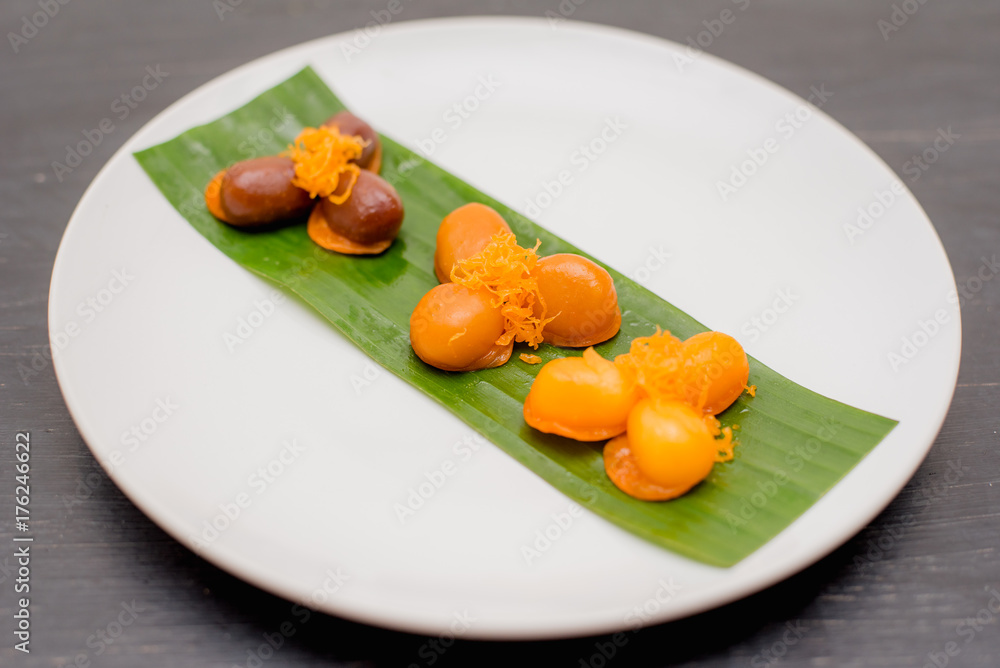 ancient Thai Dessert, Thai sweet dessert and ingredient in bowl on black background, appetizer, Thai Dessert, Thai food ancient Thai Dessert, Thai sweet dessert and ingredient in bowl on black background, appetizer, Thai Dessert, Thai food