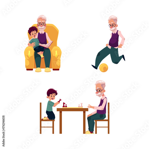 vector flat grandparents ,children set. grandson and grandfather playing chess sitting at table and football, boy sits at grandfather s knees at armchair . Isolated illustration on a white background.