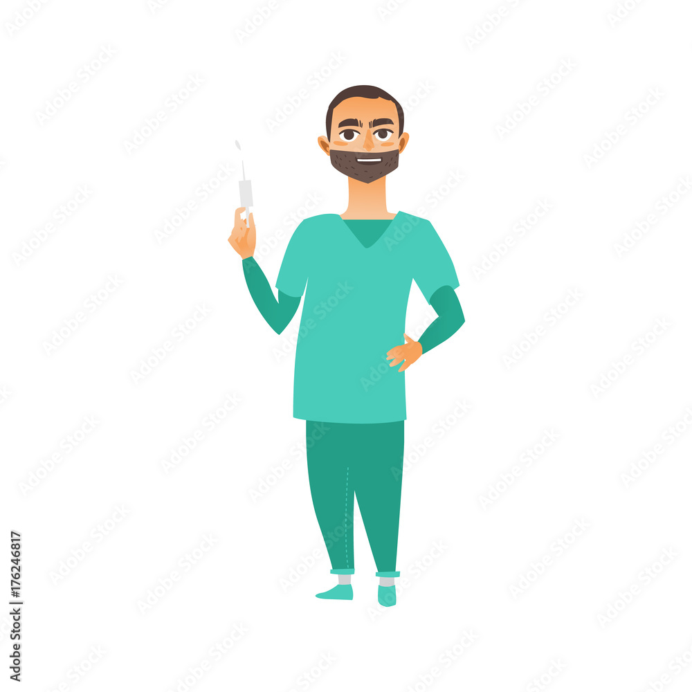 vector flat cartoon young male doctor, physician or nurse in green medical clothing with beard, keeping syringe smiling. Isolated illustration on a white background. vector flat cartoon young male doctor, physician or nurse in green medical clothing with beard, keeping syringe smiling. Isolated illustration on a white background.