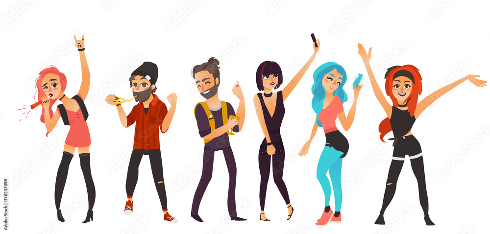 Friends having fun at birthday party, in night club, at disco, flat cartoon vector illustration isolated on white background. Young people, boys and girls, dancing, blowing birthday horns, having fun
