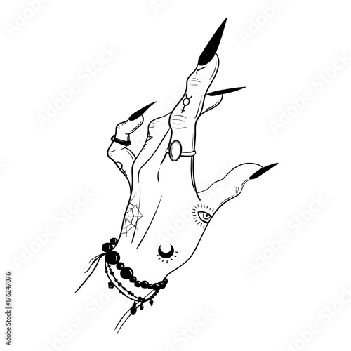 Witch hands with black nails, rings, Magic. Boho style.