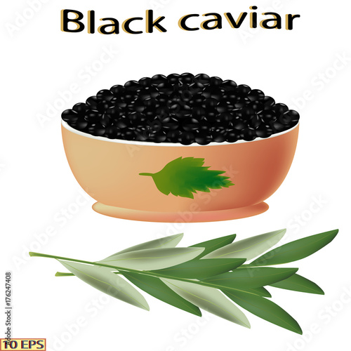 Black caviar. Bowl with sturgeon caviar isolated on white background.  Vector illustration.