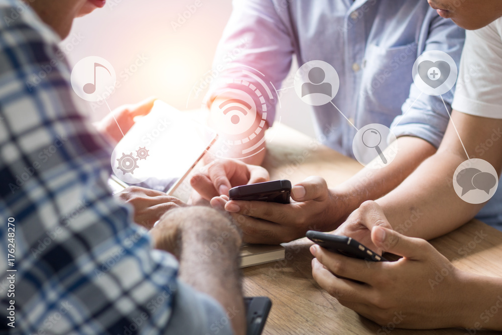 group of man use phone, concept as internet and network. group of man use phone, concept as internet and network.