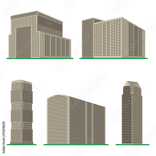 Set of five  modern high-rise building on a white background. View of the building from the bottom. Isometric vector illustration.   © dniprodd